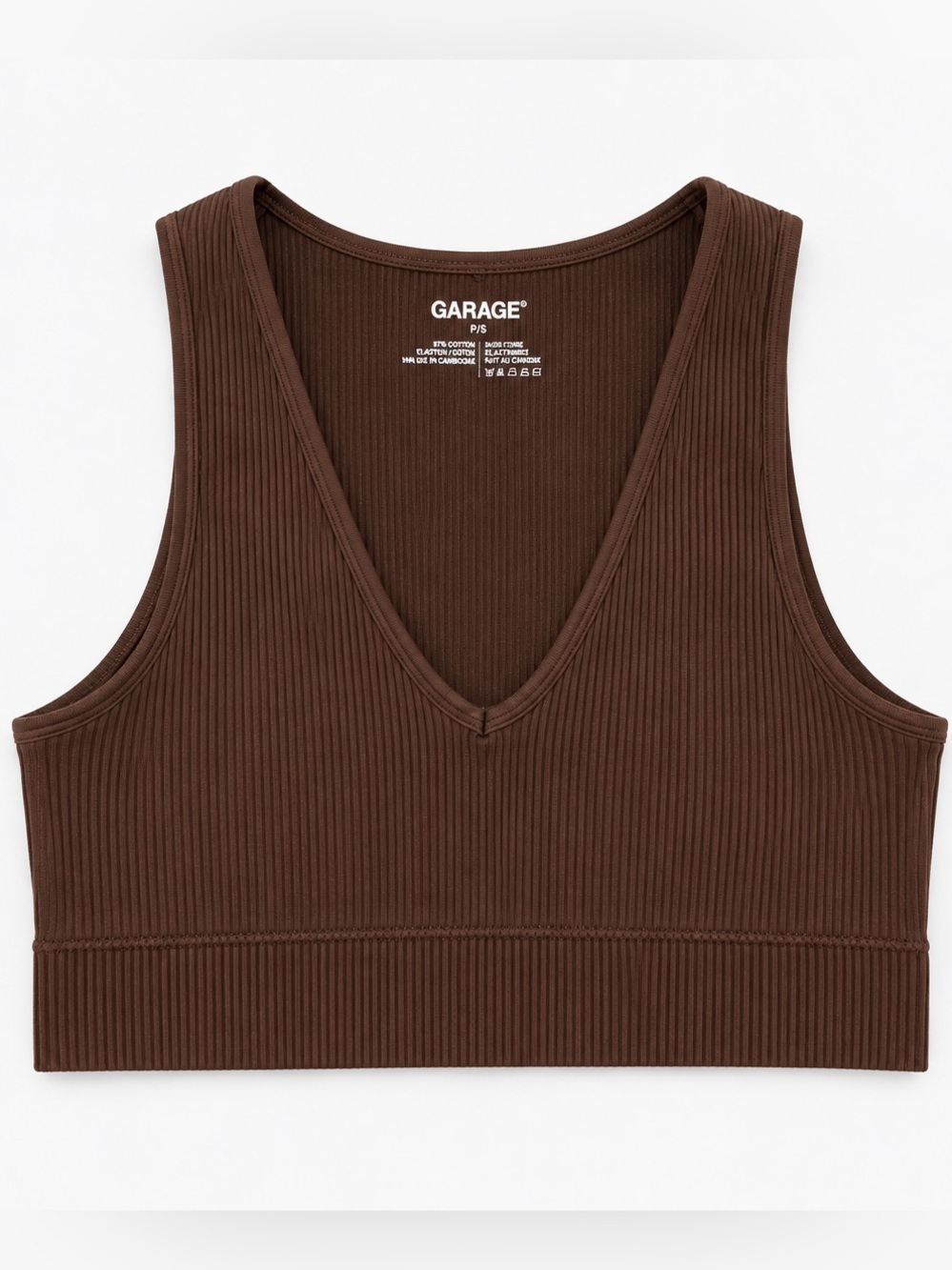 Garage Brown Ribbed V-Neck Crop Tank